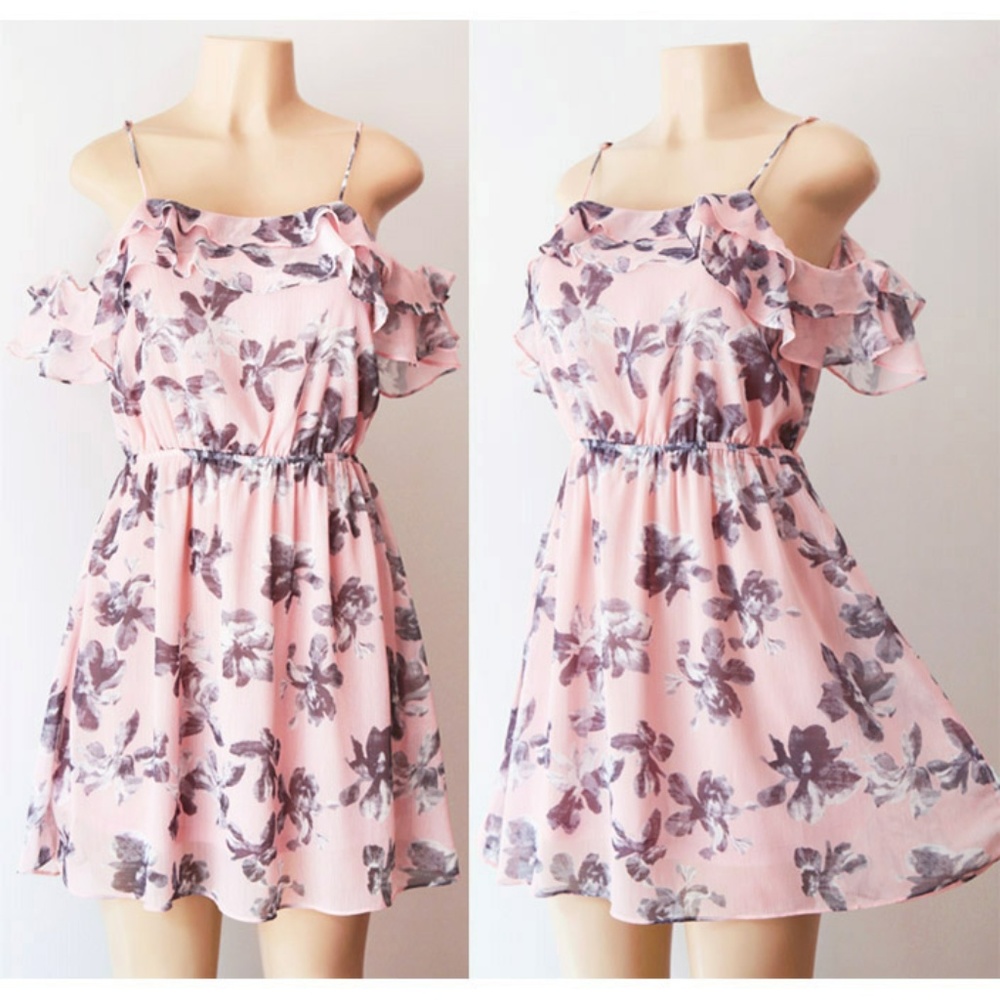 Pink Floral Ruffle Cold Shoulder Chiffon Dress
